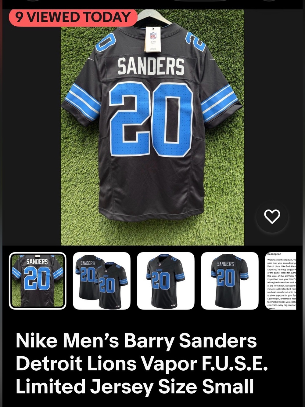 Nike Men’s Barry Sanders Detroit Lions Vapor F.U.S.E. Limited Jersey Size Small